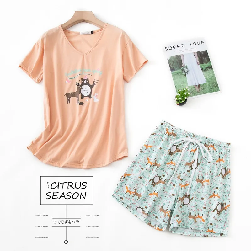 Summer Cotton Short Sleeved Shorts Women's Pajamas Set, Cute Cartoon Home Clothing Suit, Plus Size Nightwear for Fat Ladies