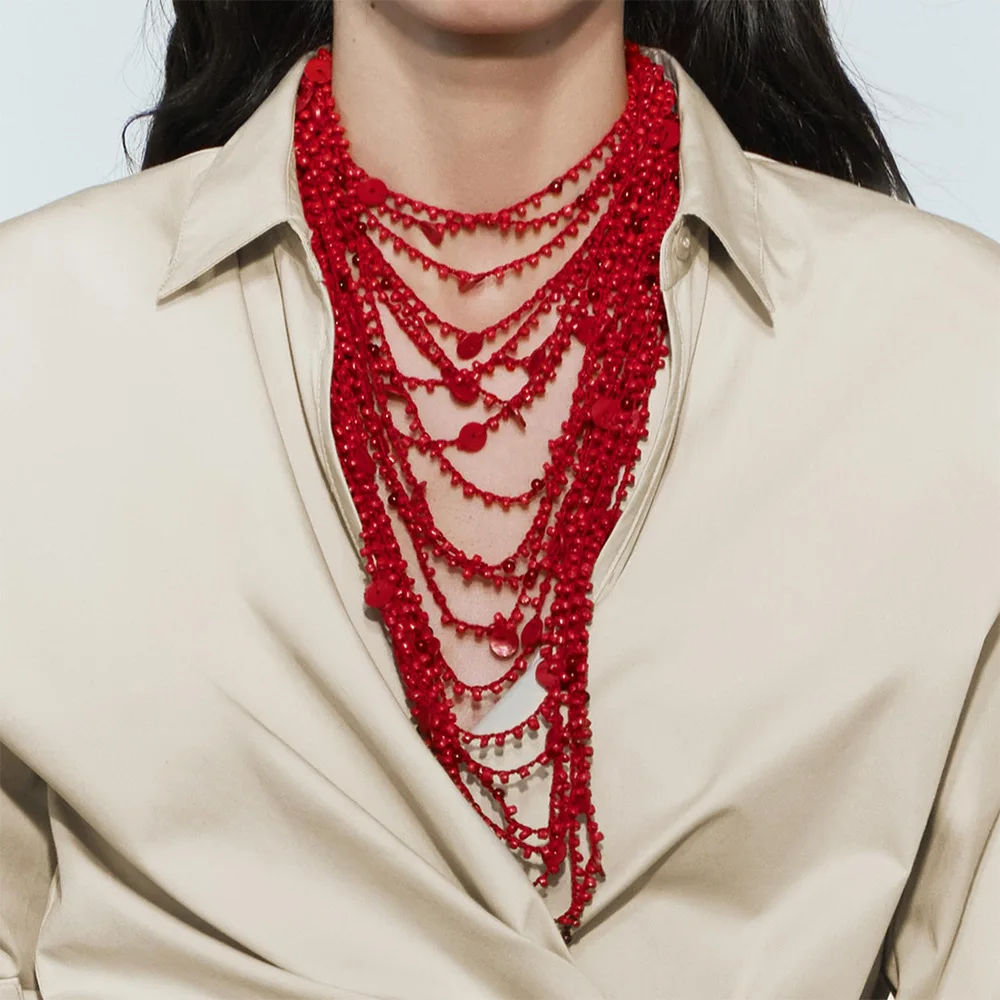 Уникальное ожерелье ZA в форме водопада с красными бусинами и ракушками для