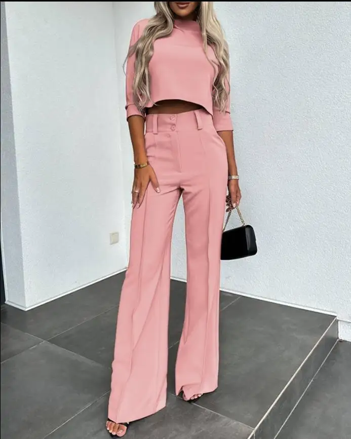 

Two Piece Set Women Outfit Autumn Fashion Plaid Print Half Sleeve Turn-Down Collar Top & Casual Button High Waist Long Pants Set