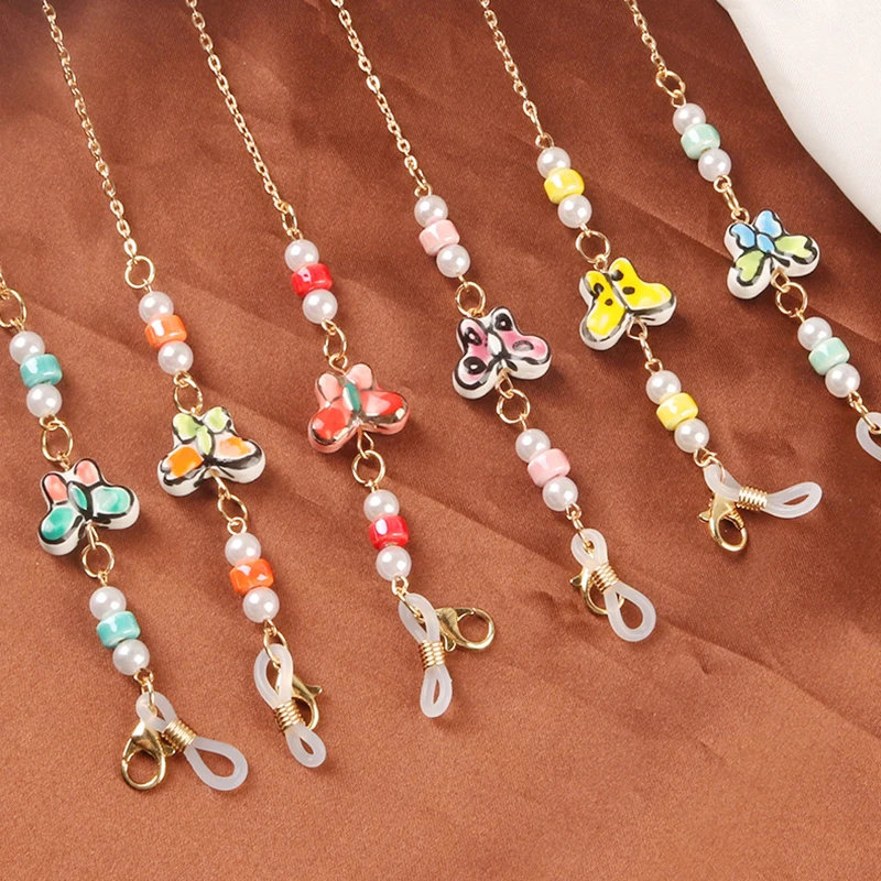 

XQFATE New Cute Acrylic Butterfly Glasses Chain Neck Strap for Women Fashion Outdoor Pearl Beaded Sunglasses Mask Holder Lanyard