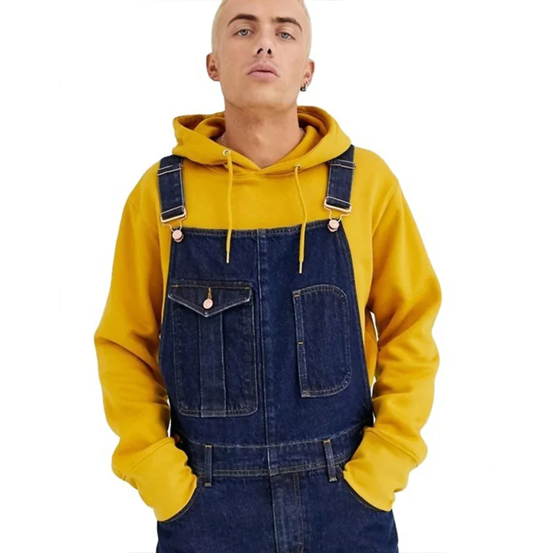 Men Jeans Solid Color Bib Suspenders Jumpsuit Male Overalls Full Length Denim Pants Fashion Mameluco Hombre Trabajo