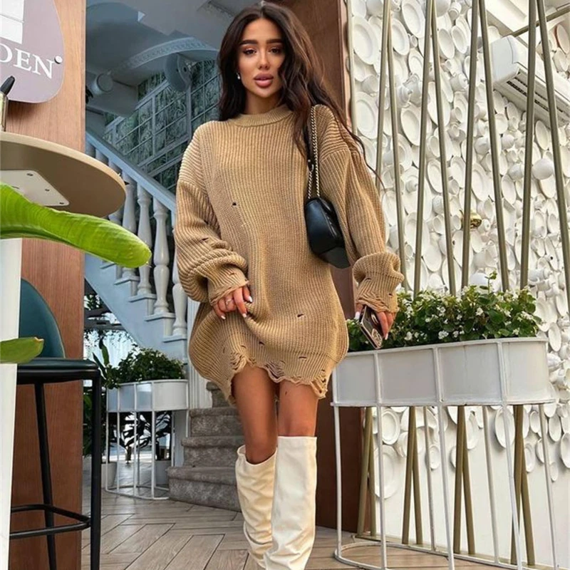 2021 New Hole Sweater Dress Women O Neck Knitted Long Sleeve Autumn Winter Ladies Warm Y2K Oversized Casual Dresses