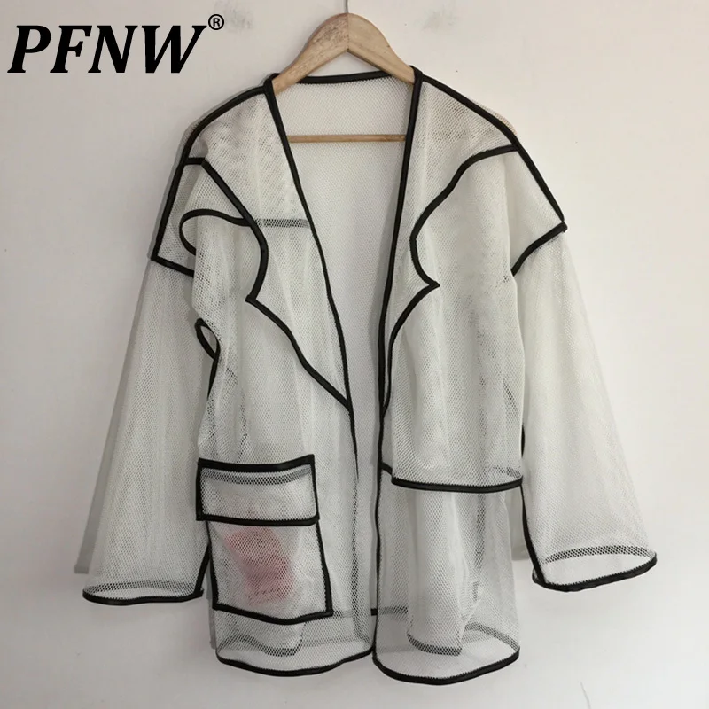 

PFNW Spring Summer Men's Mesh Hollow Out PU Hemmed Cardigan Chic Trendy Breathable Cotton Sun Protection Tide Sexy Tops 12Z2010