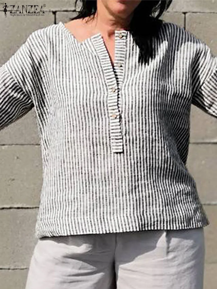 

Stylish Stripe Printed Blouse ZANZEA Women 3/4 Sleeve O-Neck Shirt Spring Autumn Tops Button Chemise Casual OL Work Blusas Femme