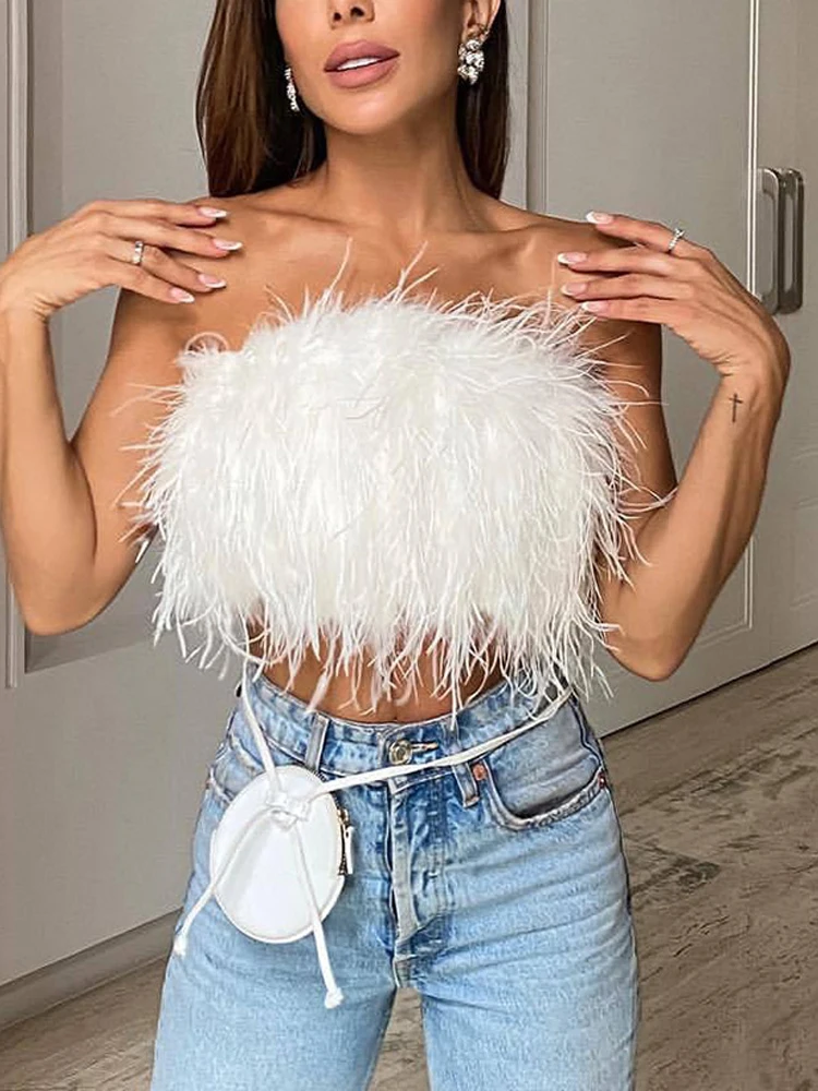 Пикантный пушистый укороченный топ Женская майка без бретелек с перьями Туника