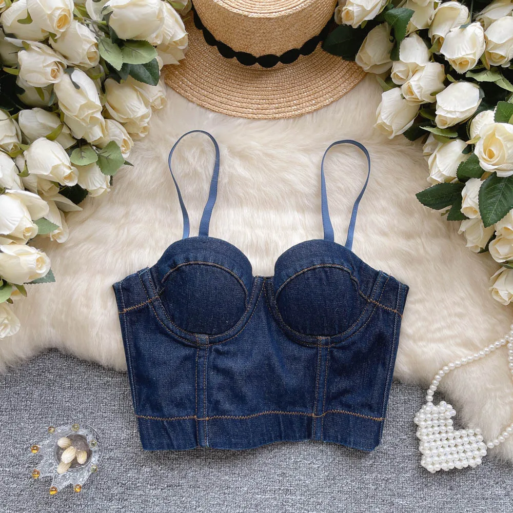 

Women Imitation Denim Tank Tops Summer Distressed Sleeveless Camis Sexy Solid Color Corset American Style Back Button Crop Top