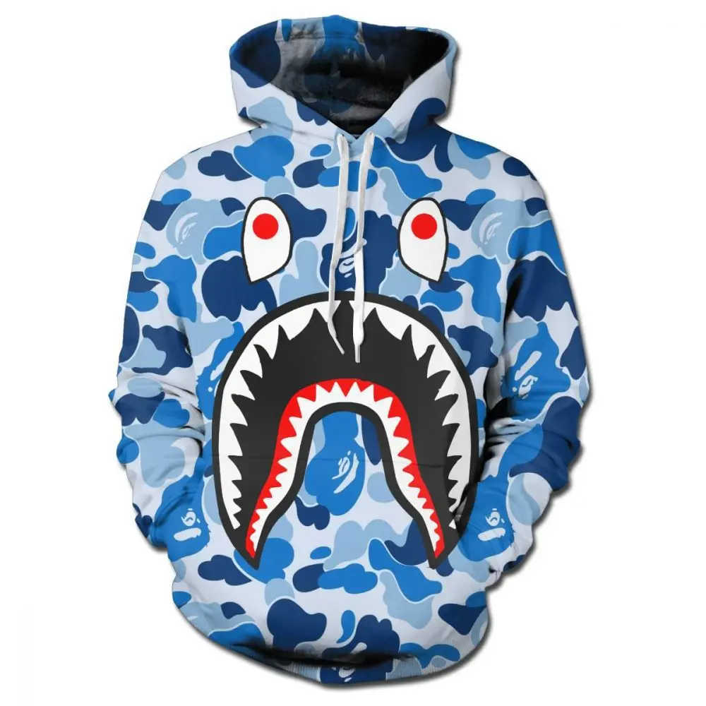 

Japanese Hip Hop Funny Men Hooded Camo Sweatshirts Hoodies Streetwear Anime Shark 3D Printing Polyester Casual Pullover 5XL