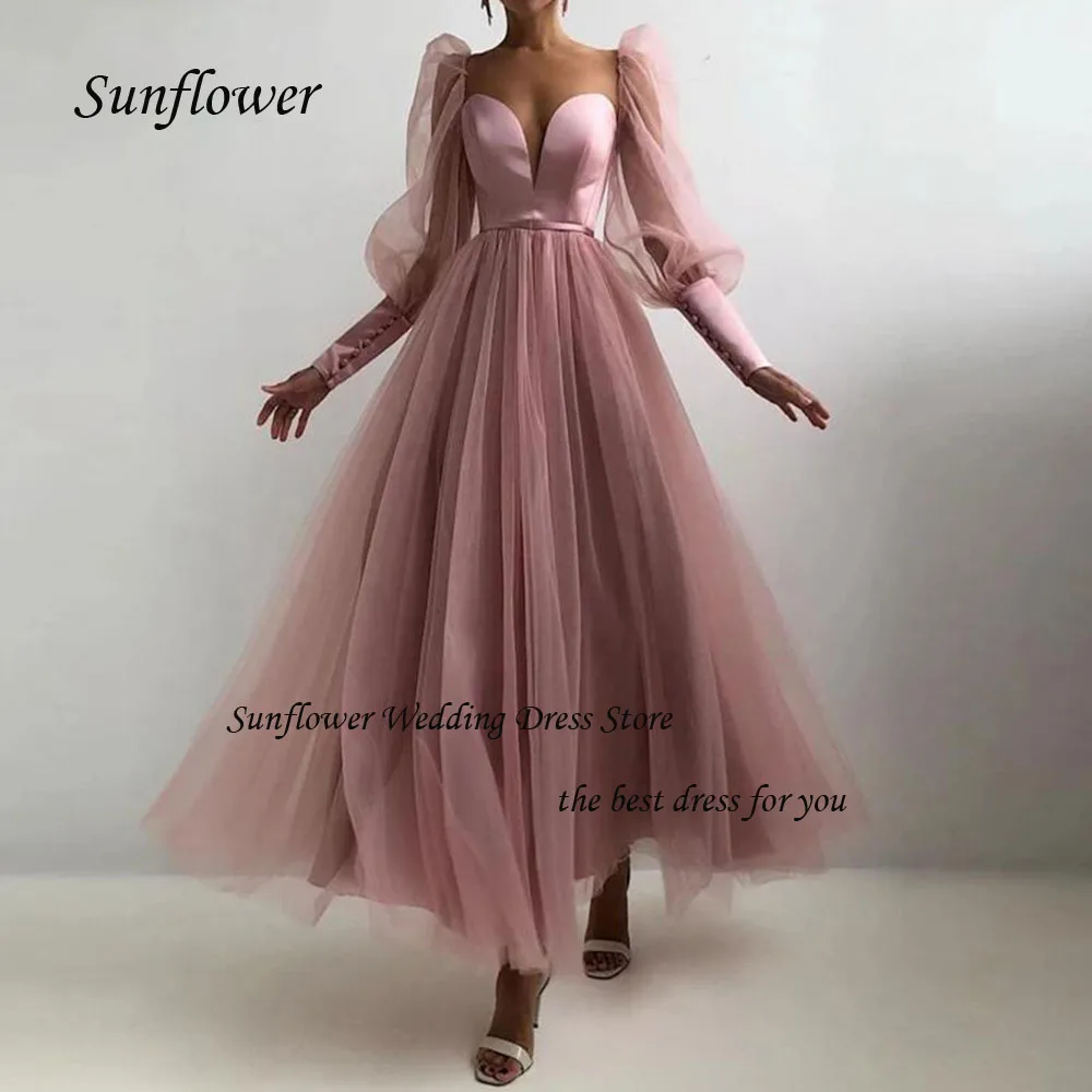 

Sunflower Sweetheart Satin Formal Evening Dress 2023 Slim Tulle Long Sleeves Prom dress Pleat A-LINE Ankle-Length Party Gowns
