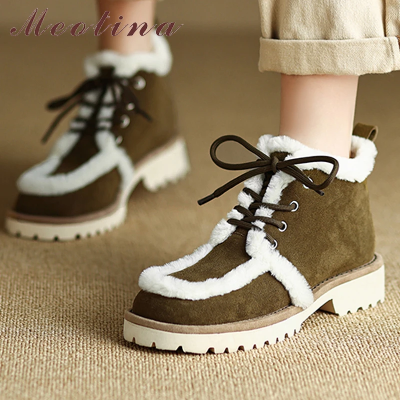 

Женские ботильоны из натуральной кожи Meotina, зимние полусапожки с круглым носком, на среднем массивном каблуке, со шнуровкой, зеленые, 40