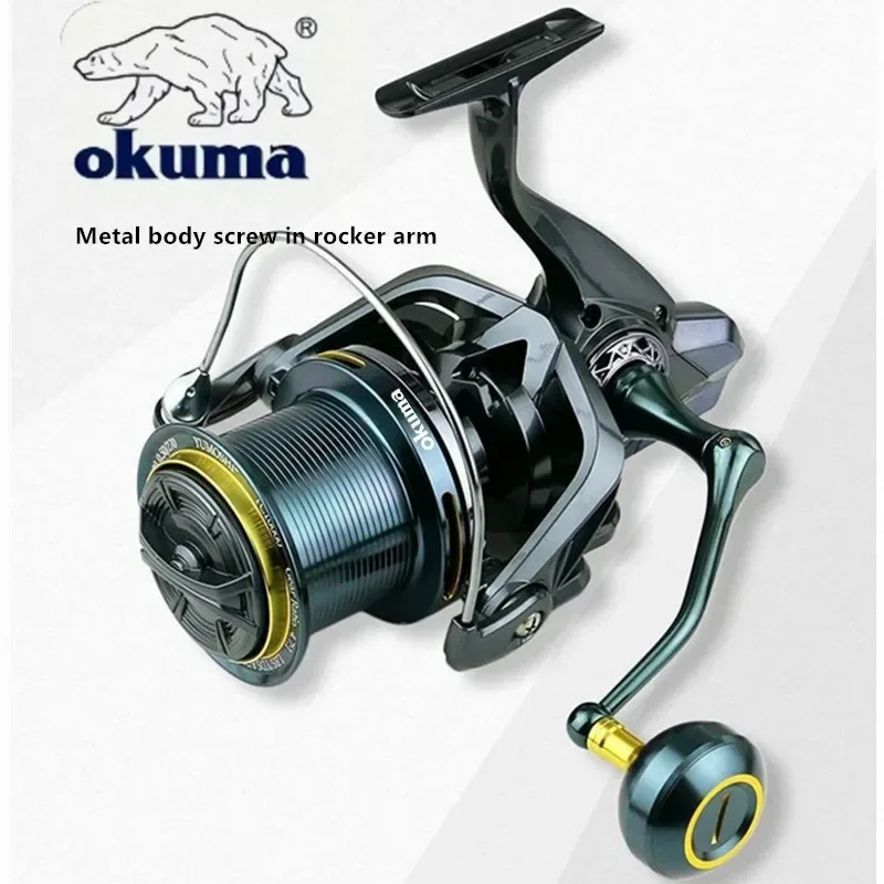 Фото Рыболовная катушка OKUMA 9000-14000, металлическая, для дальнего заброса, с направляющей шпулей, передаточное число 4.7:1, тормозная сила 30 кг. №2