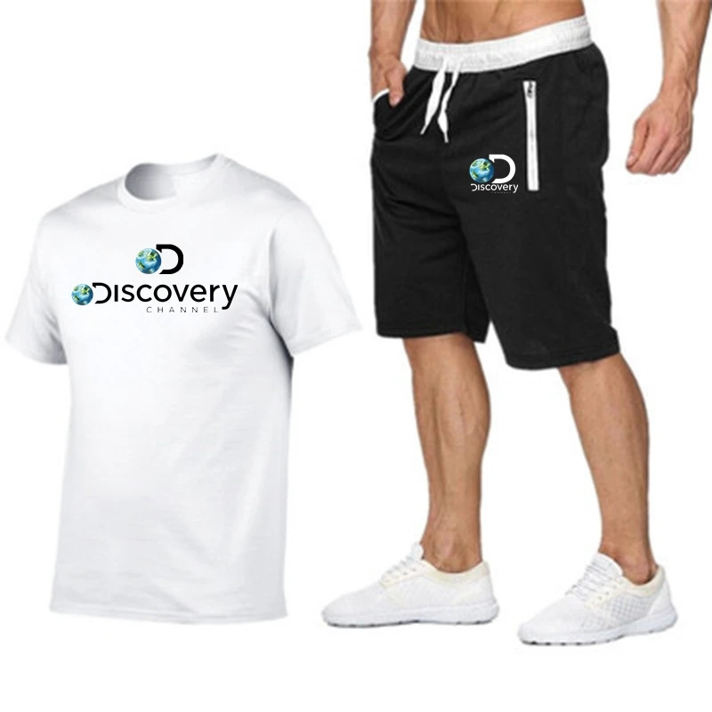 Funny Discovery Channel Men T shirt+Beach Shorts 2 PC Sets 2023 Summer Cotton T-shirt Sportswear streetwear Harajuku Tops Tshirt