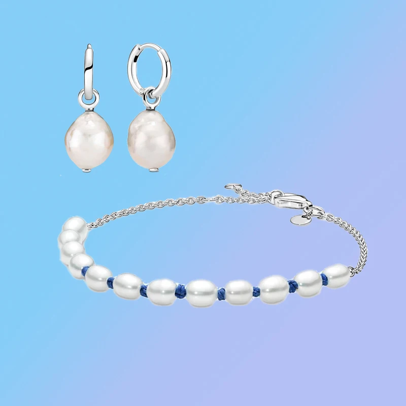 

Summer 2022 New Fashion S925 Freshwater Cultured Pearl with Blue String Bracelet and Cultured Baroque Pearl Hoop Earrings Set