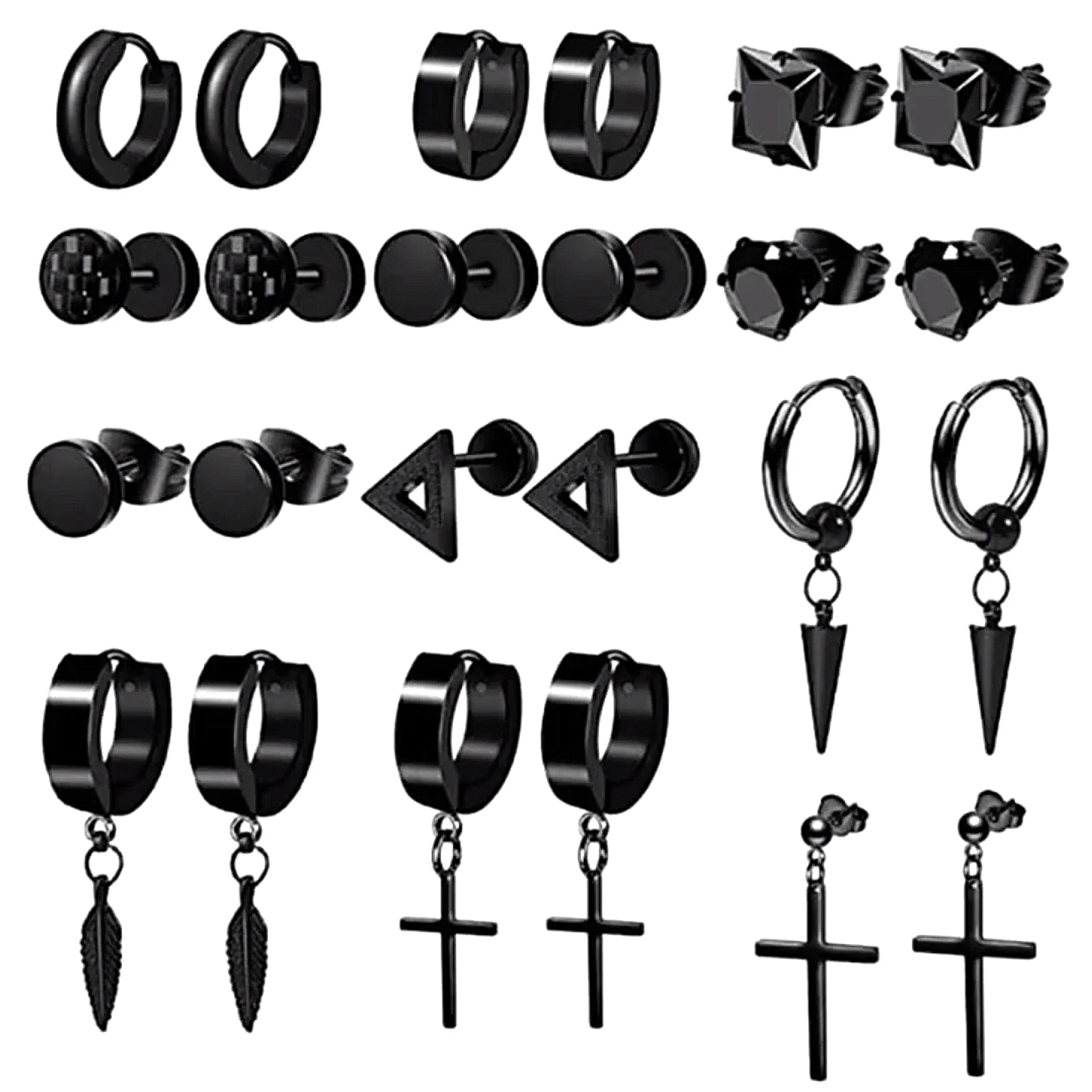 

12pairs/pack Studs Triangle Stainless Steel Huggie Party Cartilage Piercing Cross Black Fashion Jewelry Hoop Round Men Earrings