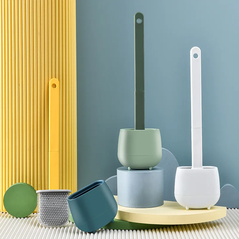 

Toilet Brush Water Silicone Wc Flat Head Flexible Soft Bristles Brush with Quick Drying Holder Set
