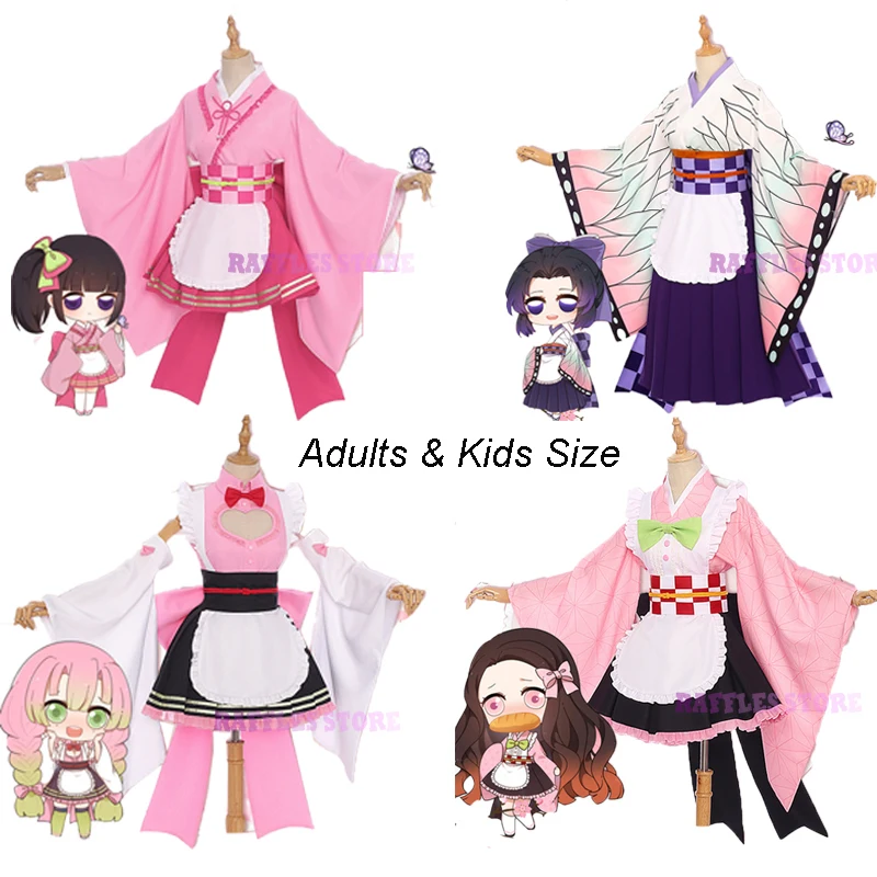 

Adults Kids Nezuko Cosplay Demon Slayer Mitsuri Cosplay Costume Kimetsu no Yaiba Kanao Kimono Wig Uniform Maid Suit Cloth Women