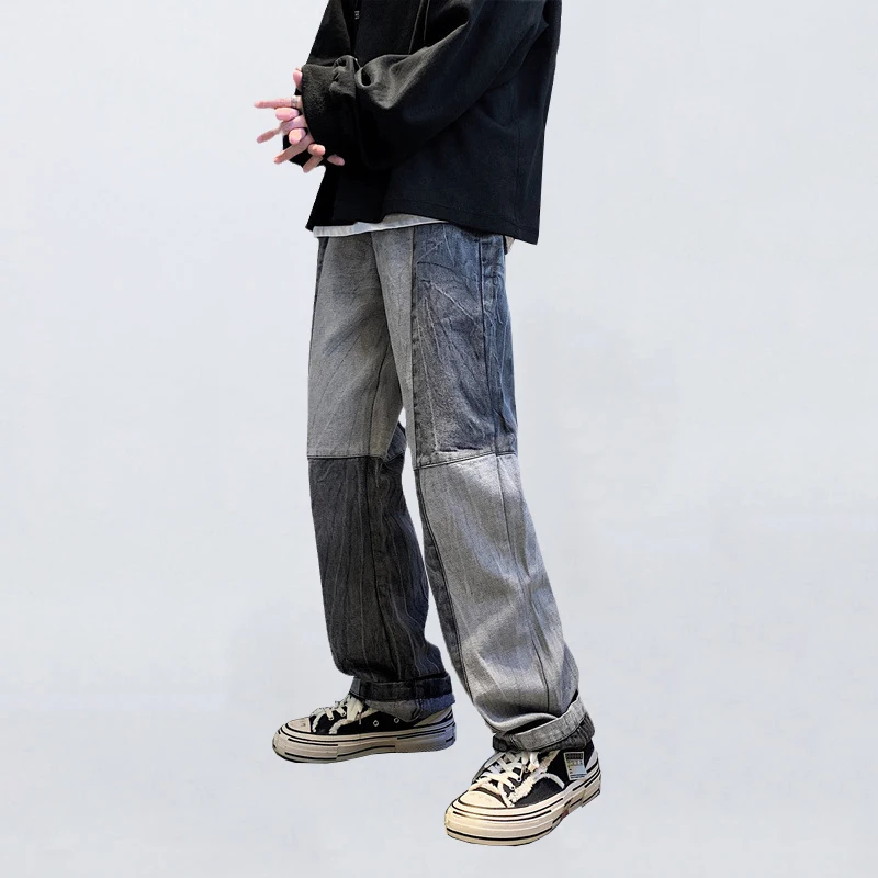 

Four Seasons Men's Jeans Korean Fashion Wide Leg Loose Straight Pants Stitching Design Men's Trousers Streetwear Ins Hot Sale