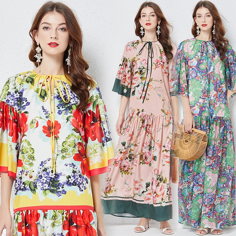 

2022 Summer New Bohemian Holiday Dress Runway Vintage Women V Neck Flower Print Lace Up Flare Sleeve Ladies Loose Robe Vestidos