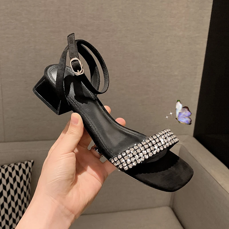 

2022 summer women Sandals natural leather 22-24.5cm kid suede upper full leather Rhinestone strips Ankle buckle womens sandals