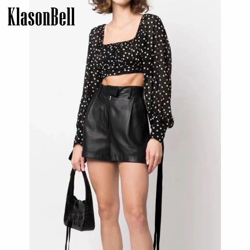 

6.15 KlasonBell Polka Dot Square Collar Ribbon Long Sleeve Short Blouse Women