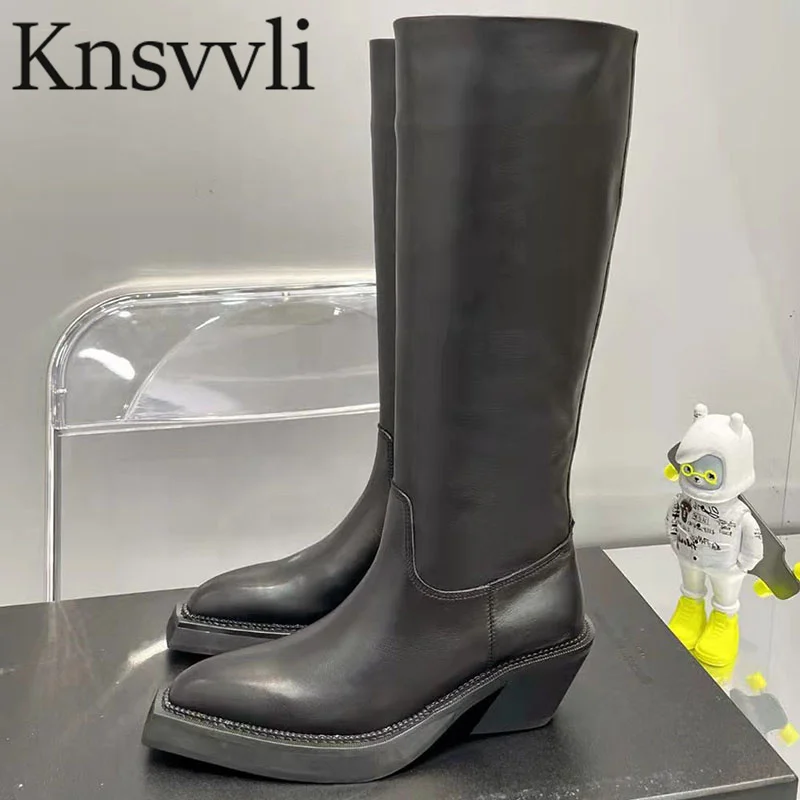 

Женские сапоги до колена, черные сапоги из натуральной кожи, с острым носком, на квадратном каблуке