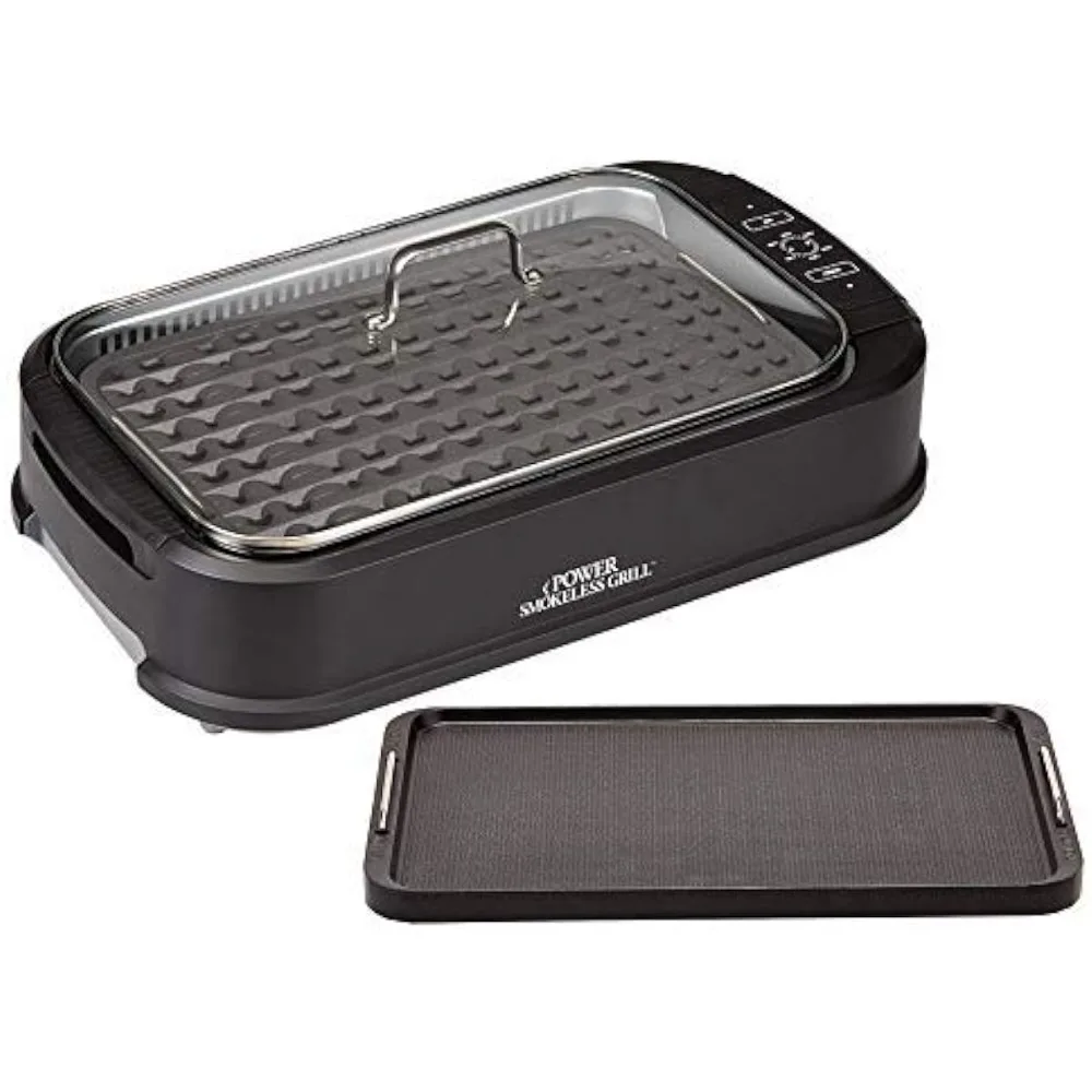

Power XL Smokeless Electric Indoor Removable Grill Griddle Plates, Nonstick Cooking Surfaces, Glass Lid, 21X 15.4X 8.1, black