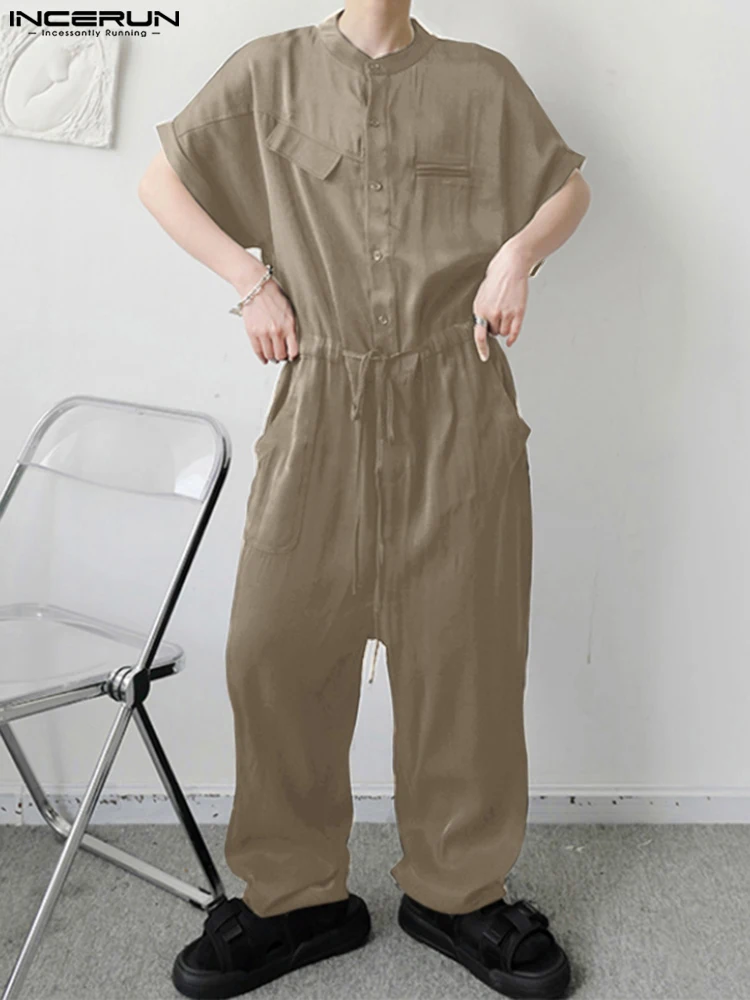 

Men Casual Jumpsuits Solid Color Short Sleeve Joggers Fashion Loose Cargo Overalls Men 2022 Pockets Drawstring Rompers INCERUN