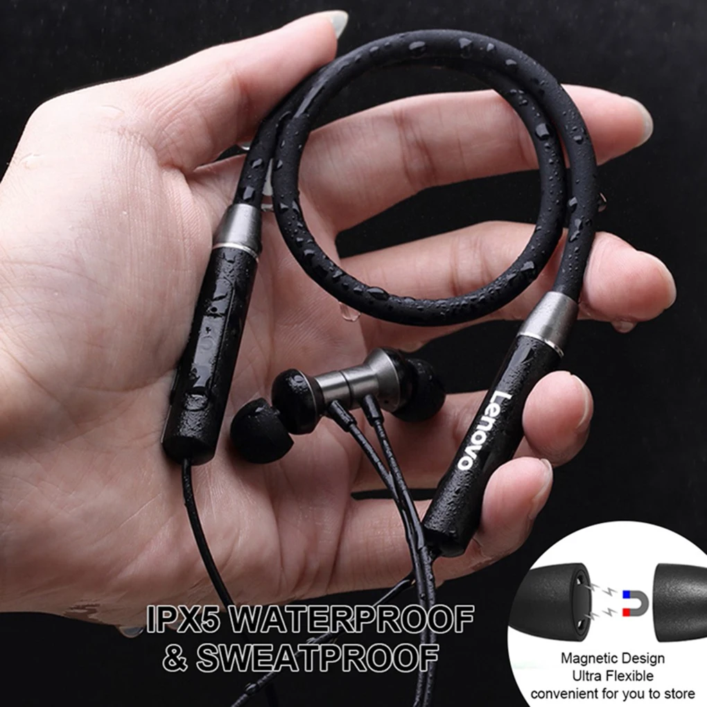 

Наушники Lenovo с поддержкой Bluetooth 5,0, беспроводная гарнитура, магнитные наушники с шейным ободом, IPX5 водонепроницаемые спортивные наушники-вк...