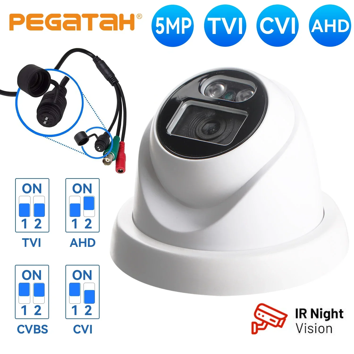 Фото Уличная купольная камера PEGATAH 5 МП 4-в-1 (AHD TVI CVI CVBS) с DIP-переключателем, ИК-подсветкой, ночным видением и защитой от непогоды, аналоговая HD-камера видеонаблюдения №1