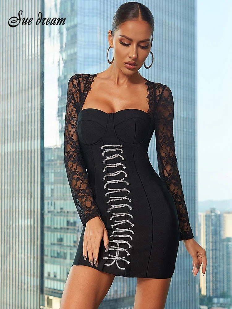 

2022 New Summer Women's Sexy Square Neck Lace Long Sleeve Lace Up Bodycon Bandage Dress Elegant Celebrity Club Party Outfits