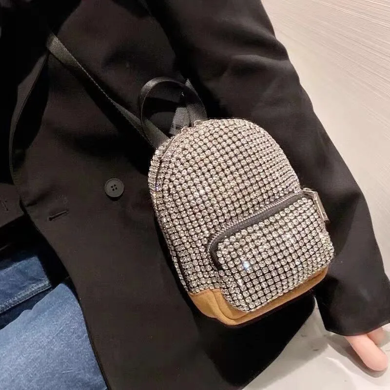 121423 Mini Messenger Backpack Rhinestone Woven Nylon Shoulder Strap Schoolbag A2