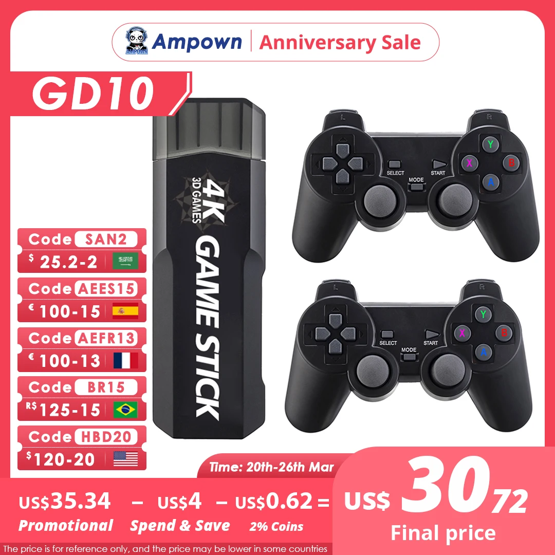 Ampown GD10 Retro Game Console 4K 60fps HDMI Output Low Latency TV Game Stick Dual Handle Portable Home Game Console For PS1 PSP