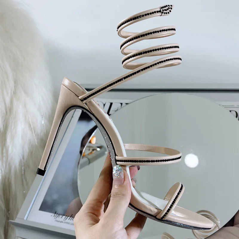 

2022 Summer Custom Made Fashion Sexy Women's High Heel Sandals Rhinestones Decor Snake Wrap Around Straps Design Banquet Shoes