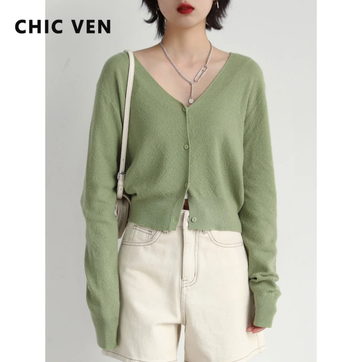

CHIC VEN Women Knitted Cardigan Solid Basic Loose V-neck Woman Sweaters Casual Long Sleeve Female Tops Spring Autumn 2022