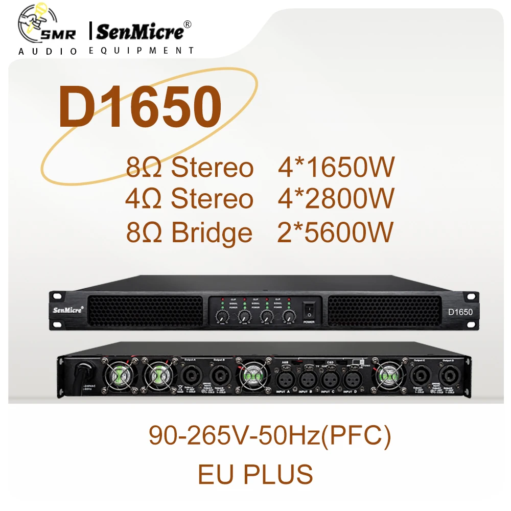 SenMicre D1650 Профессиональный цифровой усилитель мощности 4x1650 Вт, 8 Ом, 4-канальный диджейский сабвуфер, предусилитель, линейный массив, динамик, усилитель звука, 4x2800 Вт, 4 Ом, класс D, сценическое исполнение, (art.: 3920c8cd85f92) - 3920c8cd85f92