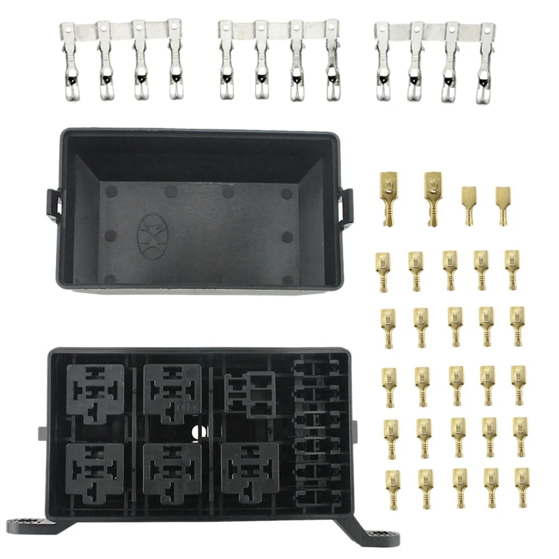 

12Slot 12V 6 Way Relay+6 Slot ATO/ATC Blade Fuse Holder Box 41Pcs Metallic Terminals Universal for Automotive and Marine