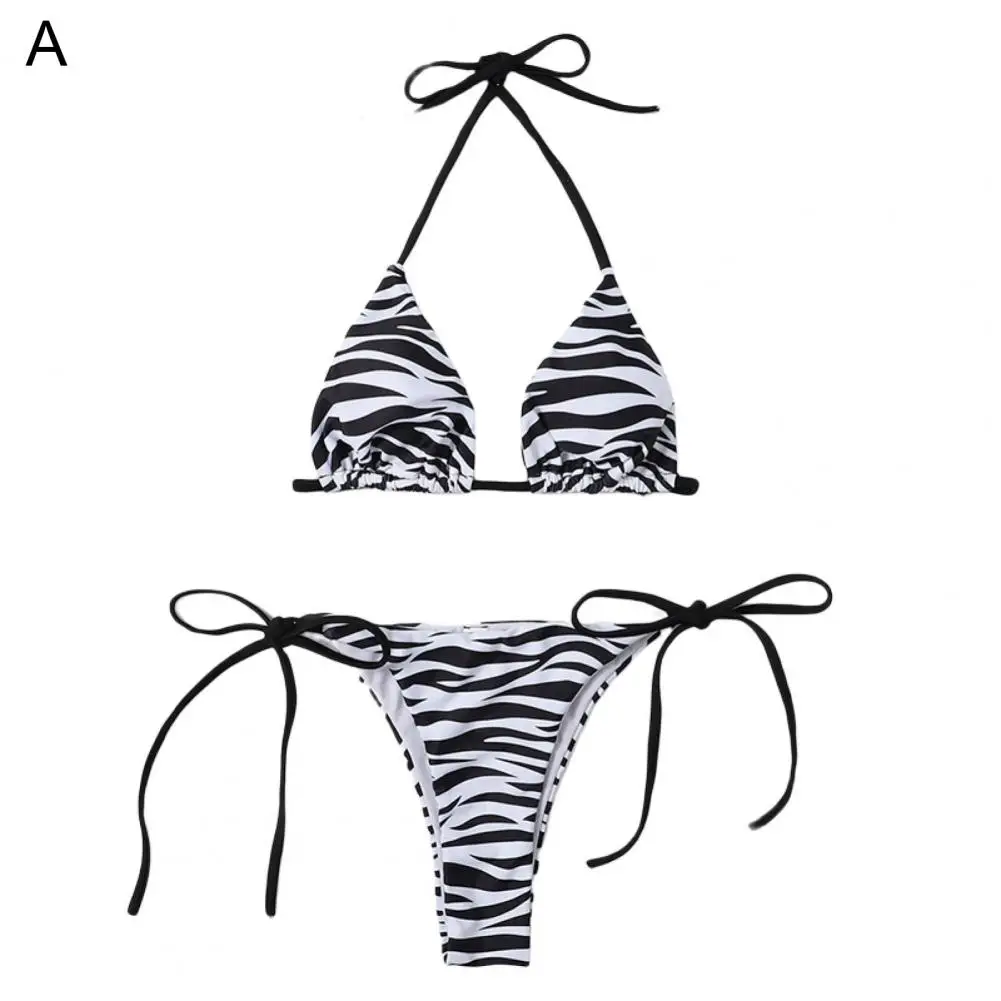 

Skin-touch Attractive Zebra Print Halter Bra Low Waist Panties Swimwear Comfy Bikini Set Drawstring for Vacation