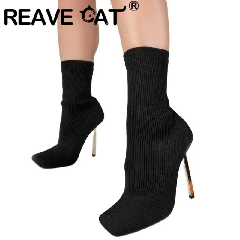

REAVE CAT Womens Mid-calf Boots Thin High Heels Square Toe Knitting Slip-on Solid Large Size 35-42 Fashion Dating Shoes S4106
