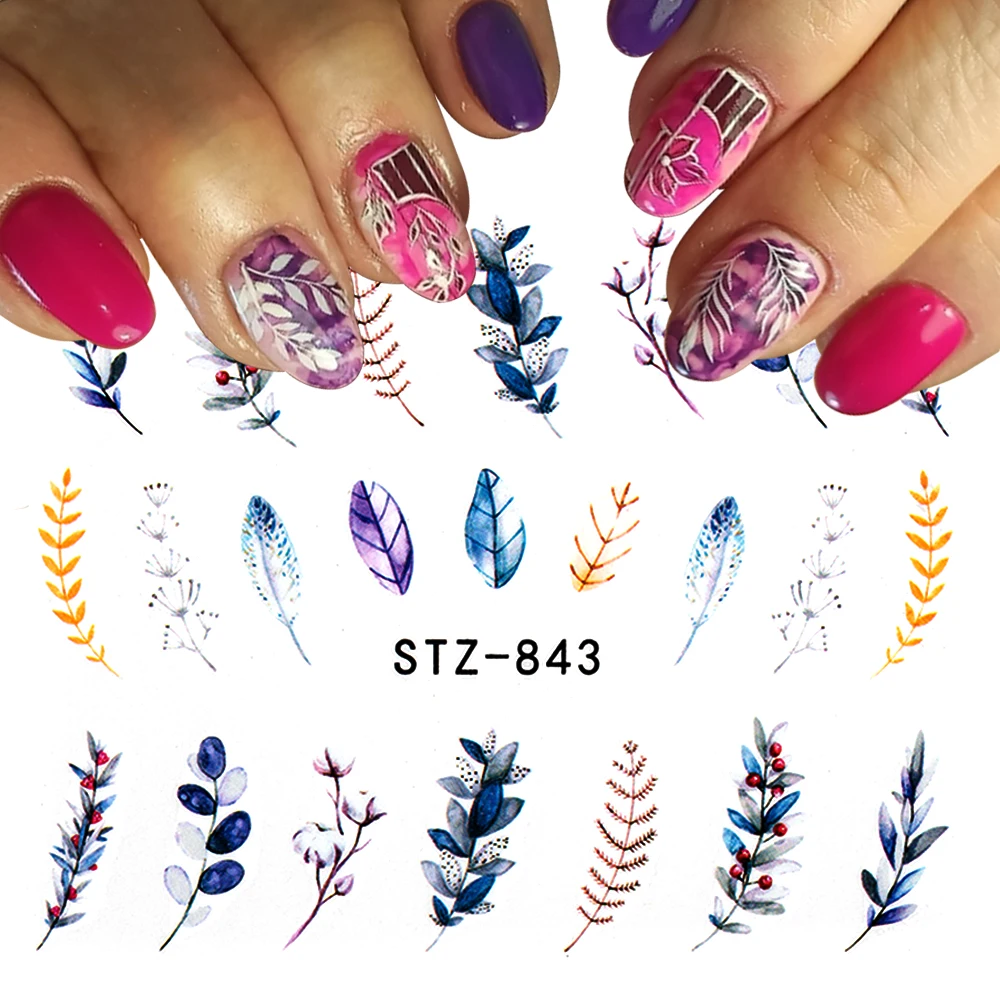 Наклейки для ногтей с цветами деревом растениями фиолетовые и черные водные