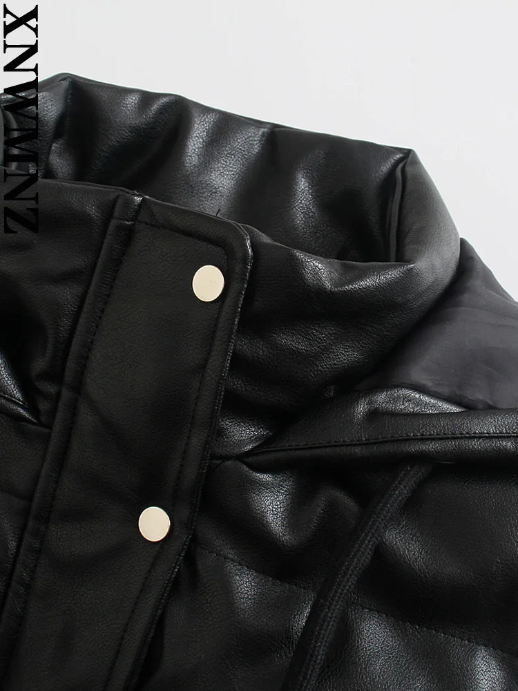 XNWMNZ 2022 Women Fashion Hooded Faux Leather Long Waistcoat Vest Women  Sleeveless PU Jacket Chic Female Winter Warm Clothes