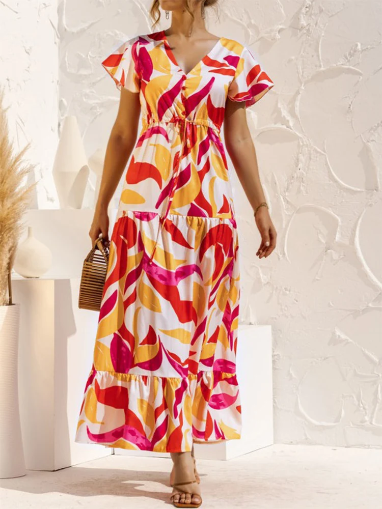 

Women Summer Elegant Floral Print ​Beach Dresses Fashion Short Sleeve V-Neck Buttoned Long Dress Casual Loose Party Dress Female