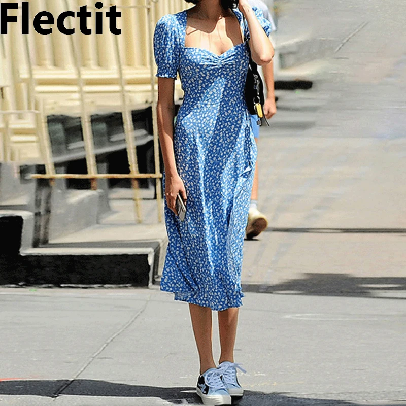 

Flectit Sweetheart Neck Puff Sleeve Floral Midi Dress with High Slit Women French Style Ditsy Print Summer Dress