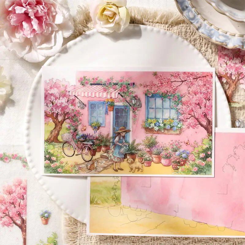 Фото Набор из 3 наклеек Card Lover [Серия Floating Light Atlas] с пейзажами для уютной комнаты: утренние цветы, дом, весенний сад, двор №4
