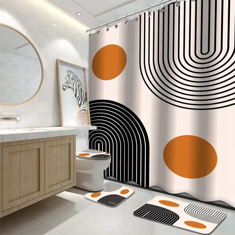 

Abstract Shower Curtain Modern Boho Shower Curtains For Bathroom Geometric Anti-slip Carpet Waterproof Bathroom Sets With Rugs