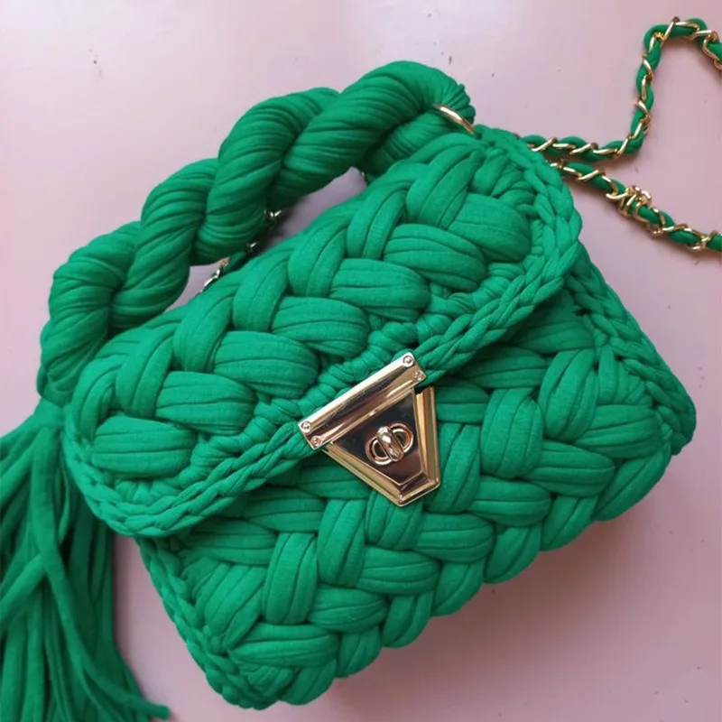 Fashion Crochet Bag Knitting Bags for Women 2023 Woolen Yarn Handmade Woven Handbags with Chain Ladies Solid Color Square Bags
