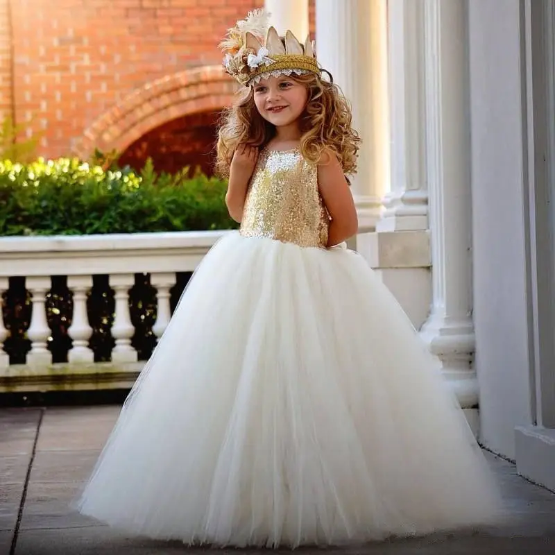 

Pageant Simple Golden Sequin Children Flower Girl Dress Princess Gown Kids First Communion Birthday for Girls Party Wedding