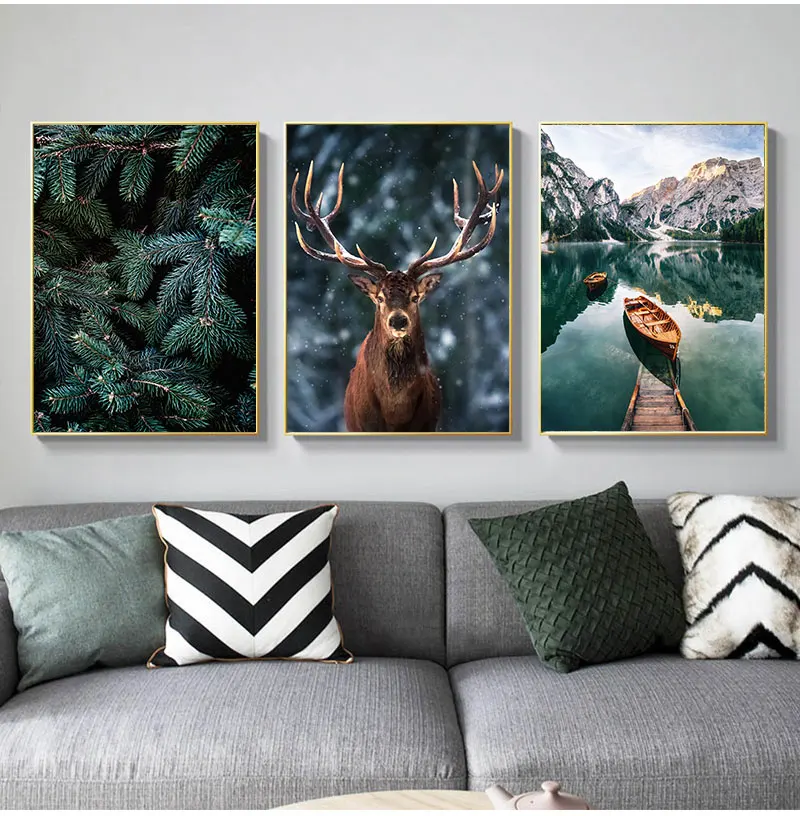 

Mountain Lake Landscape Poster Nature Decorative Picture Home Nordic Fog Forest Deer Animal Canvas Wall Art Print Painting