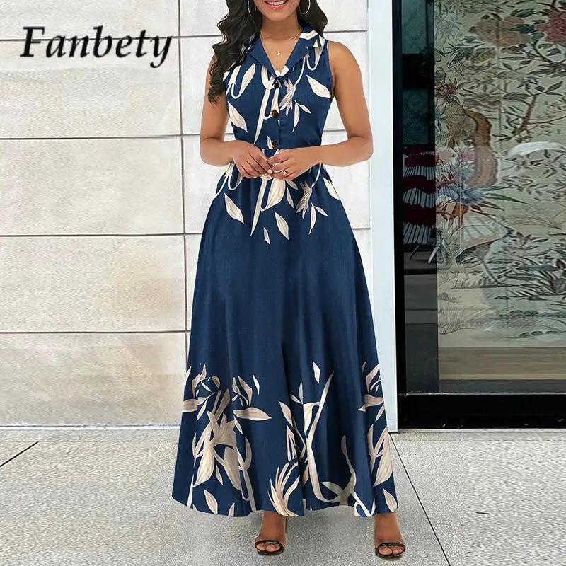 

Women Elegant Pattern Print Turn-down Collar Dress Fashion Button Pleated Long Dress Lady Sexy Hollow Out Sleeveless Shirt Dress