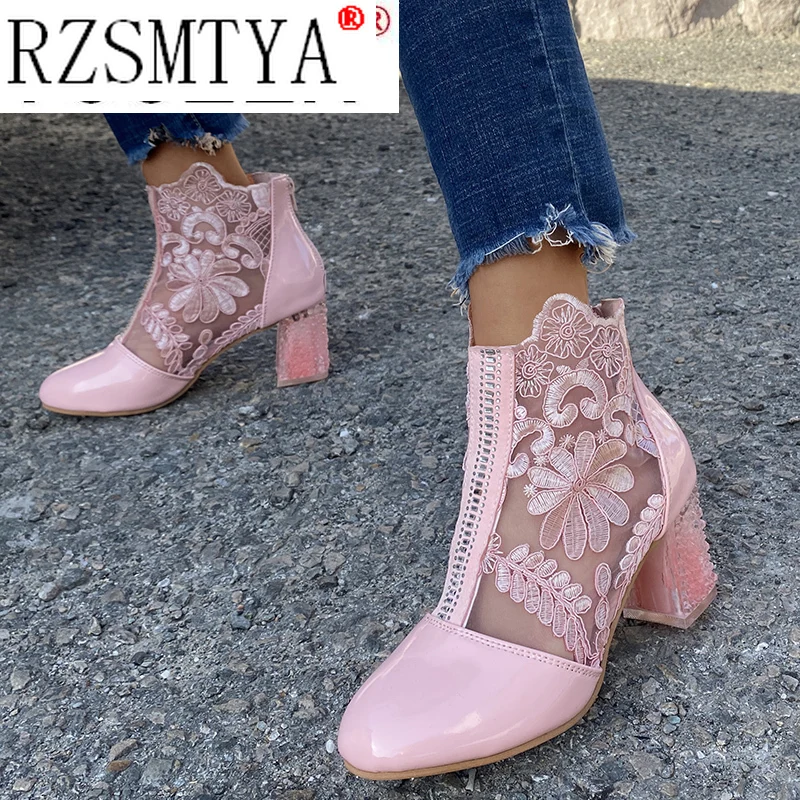 2021 Spring Summer Boots Fashion Rhinestones Gauze Sandals Thick Heels Mesh Boots Hollow Women's Shoes Large Size 43 images - 6