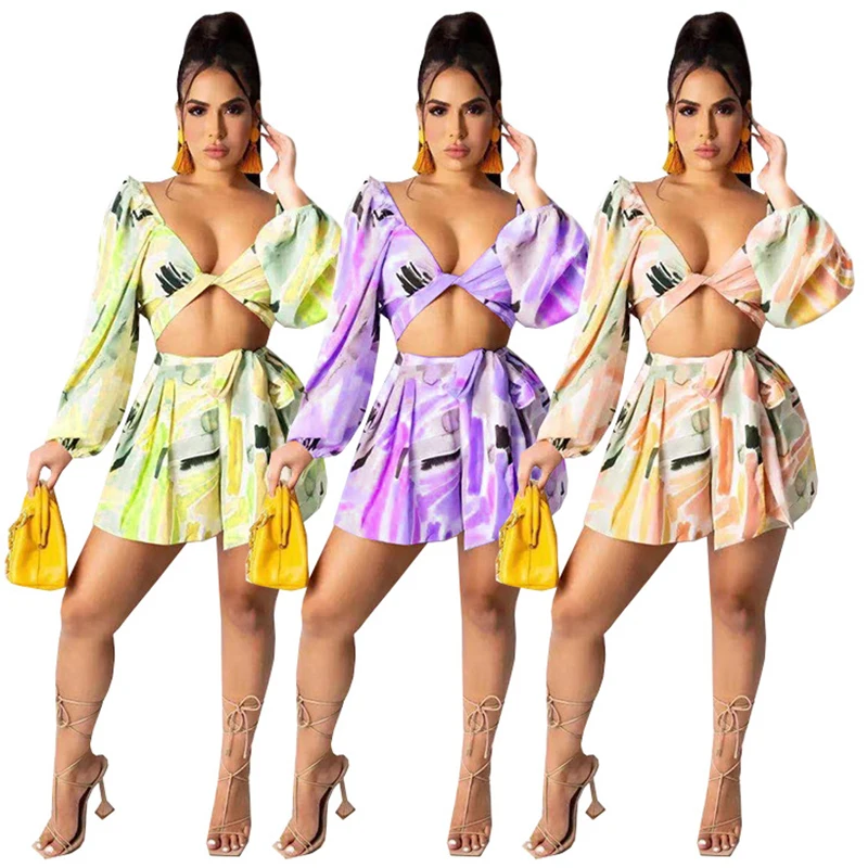 

Women's digital print wrap chest Lantern Sleeve fold fashion sexy casual 2-piece set women's 2022 summer new