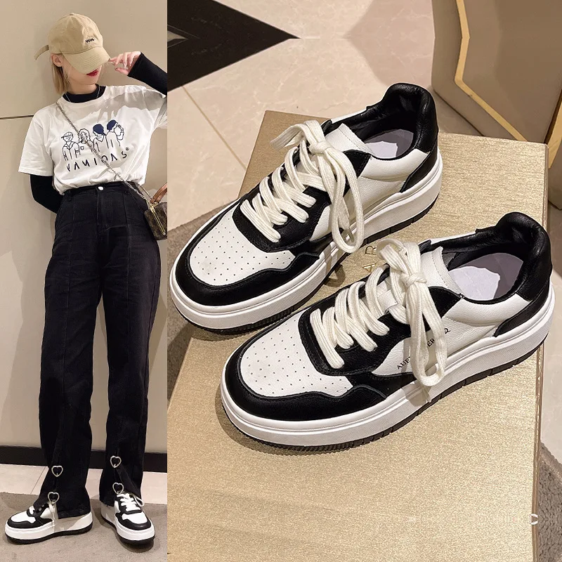 

Small white shoes female 2023 spring new leather thick bottom student lace up casual sports board shoes